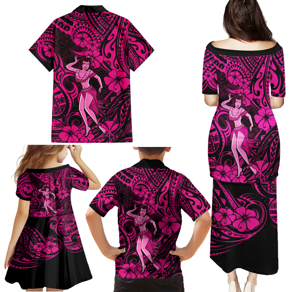 Hawaii Hula Girl Family Matching Puletasi Dress and Hawaiian Shirt Polynesian Pattern Pink Version - Wonder Print Shop