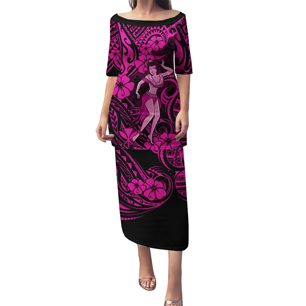 Hawaii Hula Girl Family Matching Puletasi Dress and Hawaiian Shirt Polynesian Pattern Pink Version - Wonder Print Shop