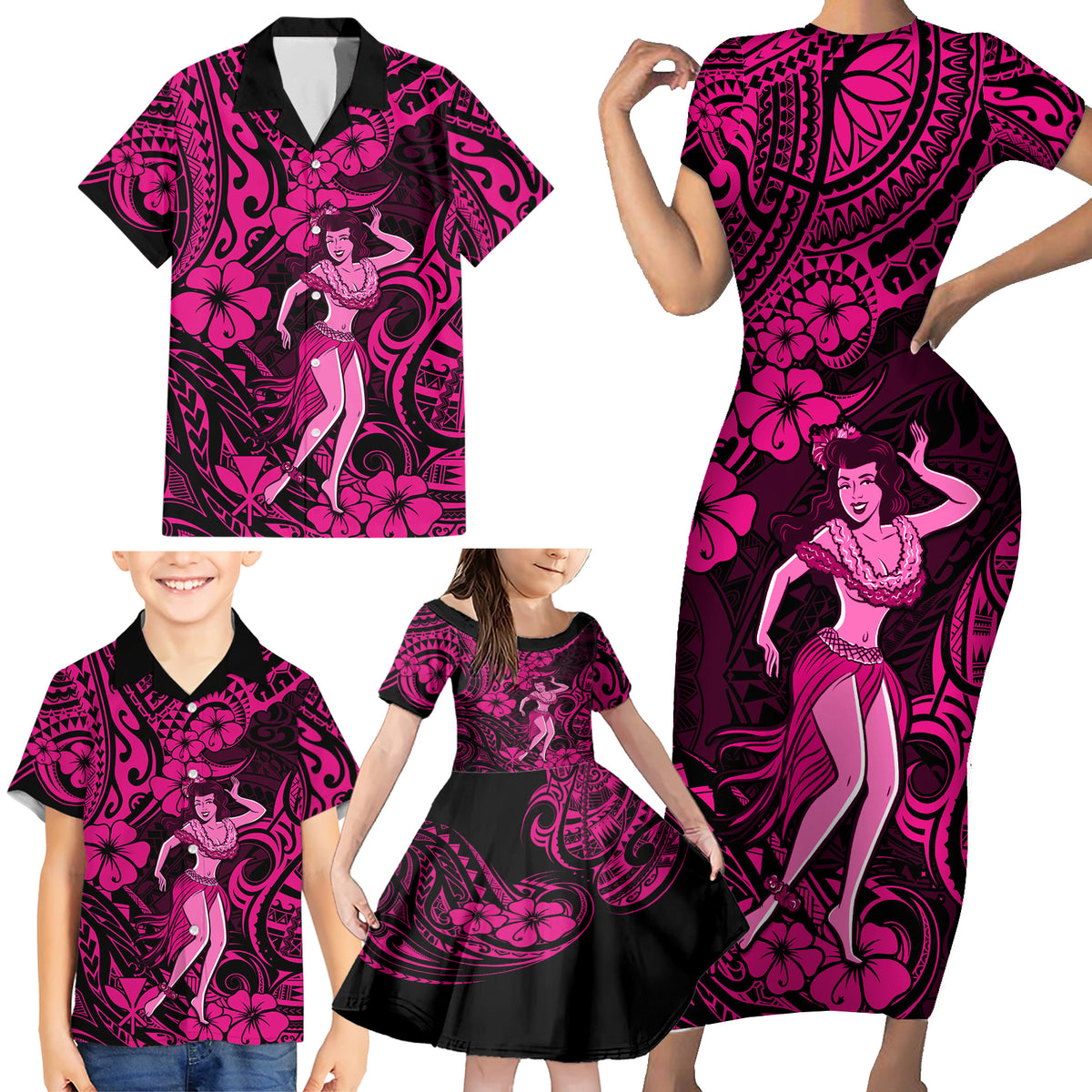Hawaii Hula Girl Family Matching Short Sleeve Bodycon Dress and Hawaiian Shirt Polynesian Pattern Pink Version - Wonder Print Shop