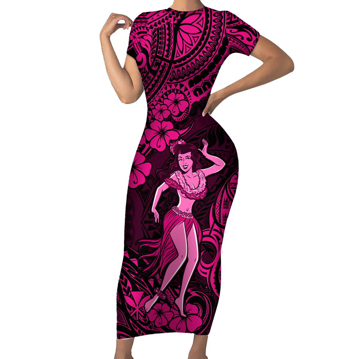 Hawaii Hula Girl Family Matching Short Sleeve Bodycon Dress and Hawaiian Shirt Polynesian Pattern Pink Version - Wonder Print Shop