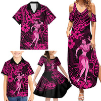 Hawaii Hula Girl Family Matching Summer Maxi Dress and Hawaiian Shirt Polynesian Pattern Pink Version - Wonder Print Shop