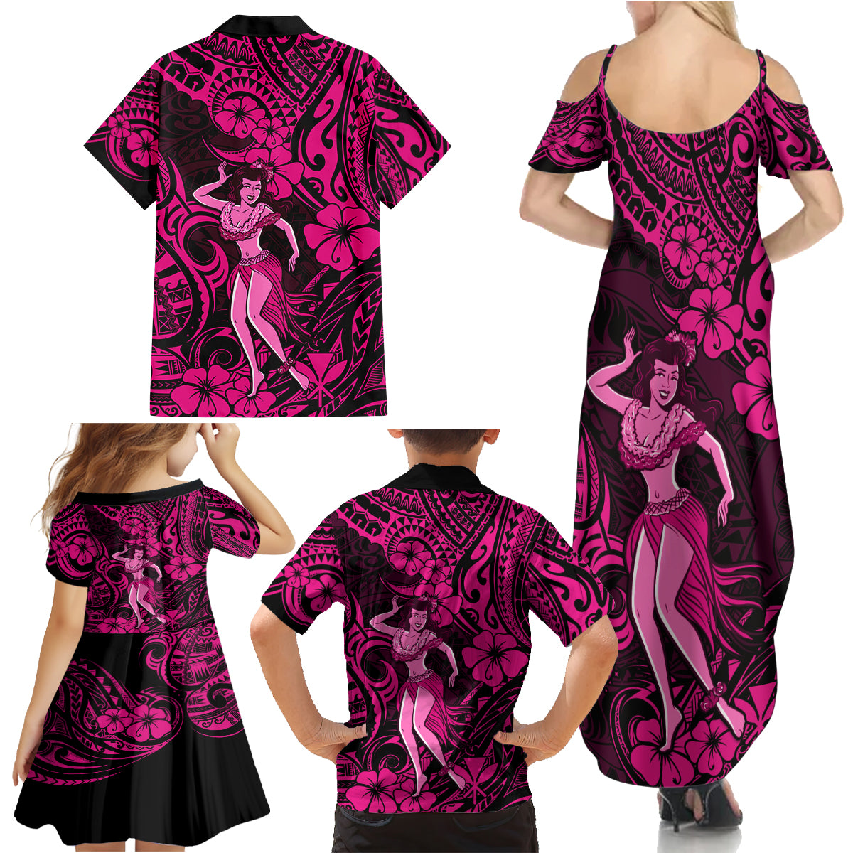 Hawaii Hula Girl Family Matching Summer Maxi Dress and Hawaiian Shirt Polynesian Pattern Pink Version - Wonder Print Shop