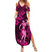 Hawaii Hula Girl Family Matching Summer Maxi Dress and Hawaiian Shirt Polynesian Pattern Pink Version - Wonder Print Shop