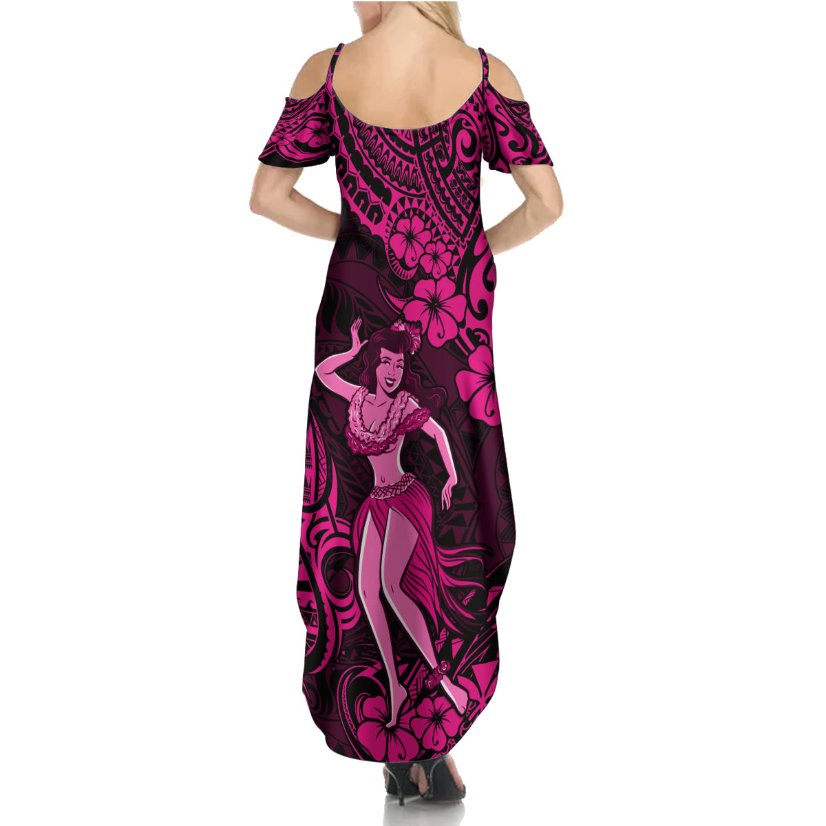 Hawaii Hula Girl Family Matching Summer Maxi Dress and Hawaiian Shirt Polynesian Pattern Pink Version - Wonder Print Shop
