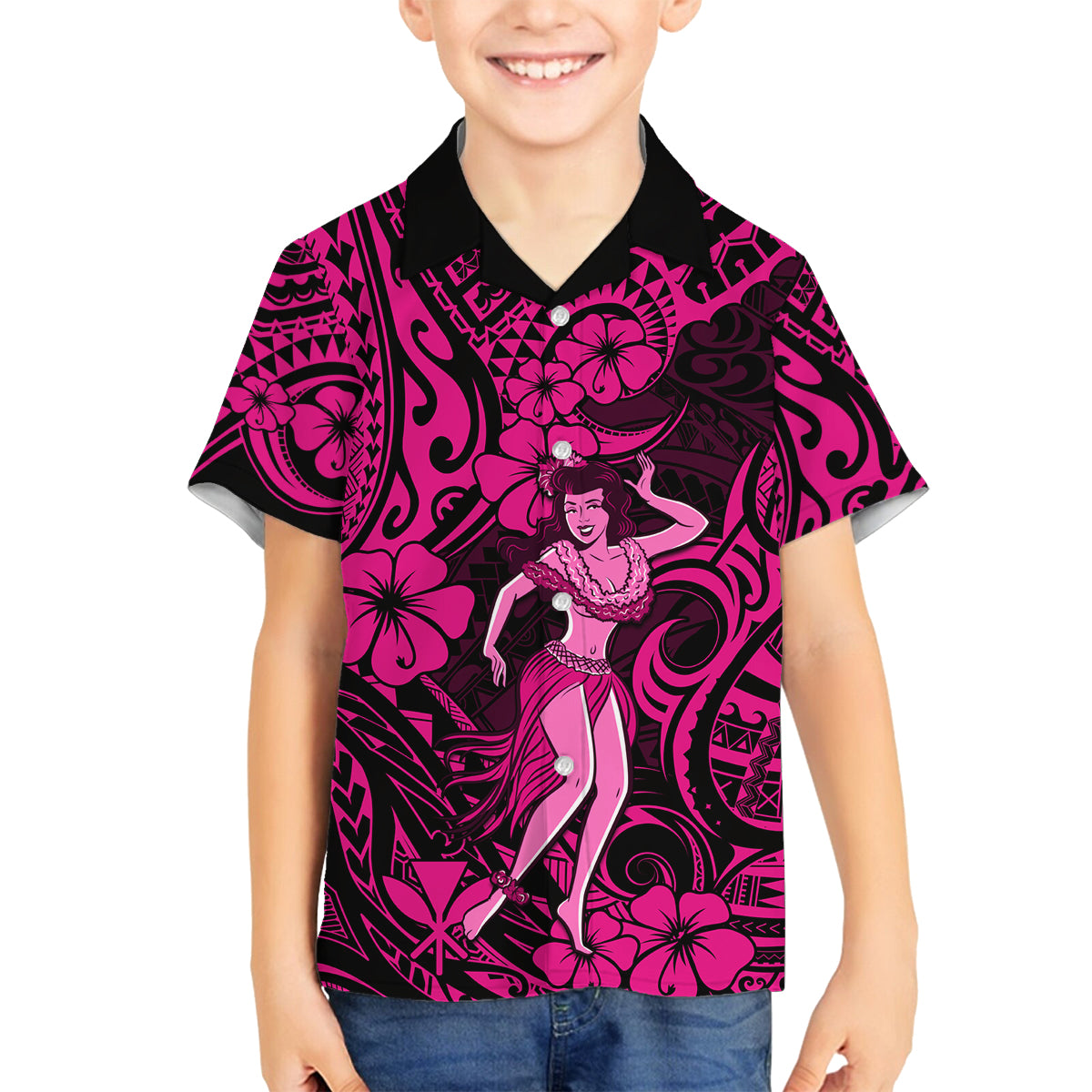 Hawaii Hula Girl Family Matching Summer Maxi Dress and Hawaiian Shirt Polynesian Pattern Pink Version - Wonder Print Shop