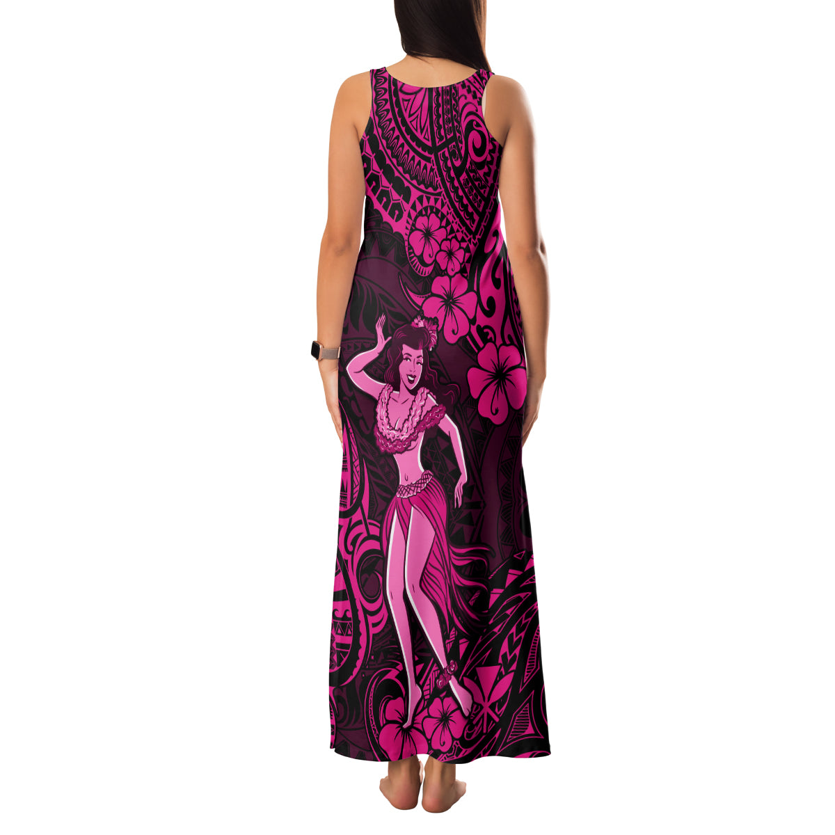 Hawaii Hula Girl Family Matching Tank Maxi Dress and Hawaiian Shirt Polynesian Pattern Pink Version - Wonder Print Shop