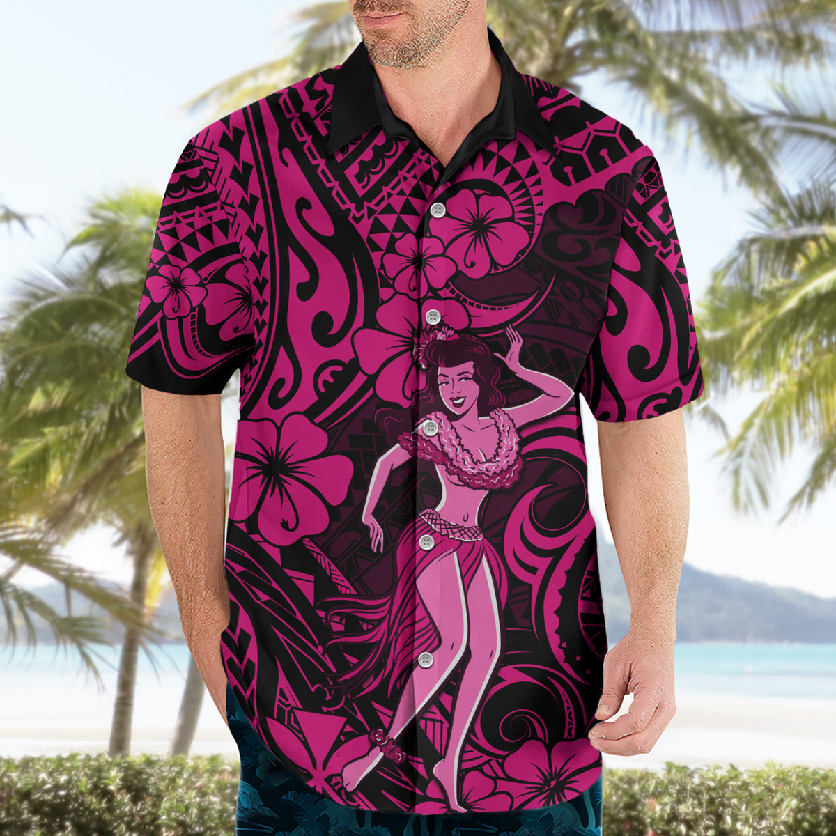 Hawaii Hula Girl Hawaiian Shirt Polynesian Pattern Pink Version - Wonder Print Shop