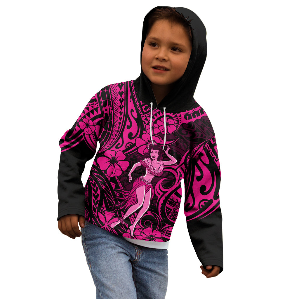 Hawaii Hula Girl Kid Hoodie Polynesian Pattern Pink Version - Wonder Print Shop