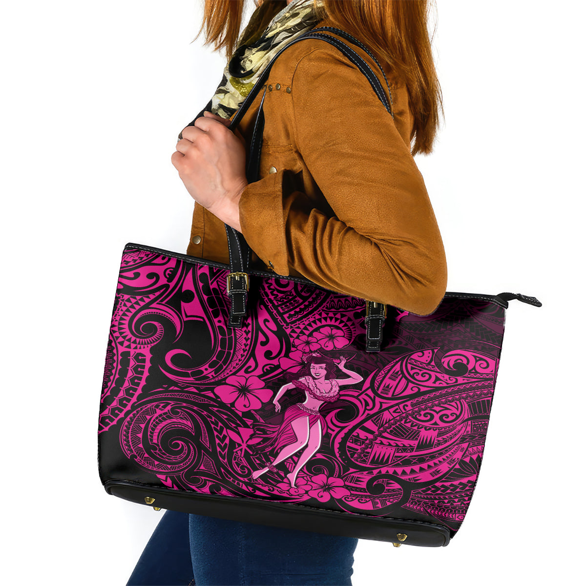 Hawaii Hula Girl Leather Tote Bag Polynesian Pattern Pink Version - Wonder Print Shop