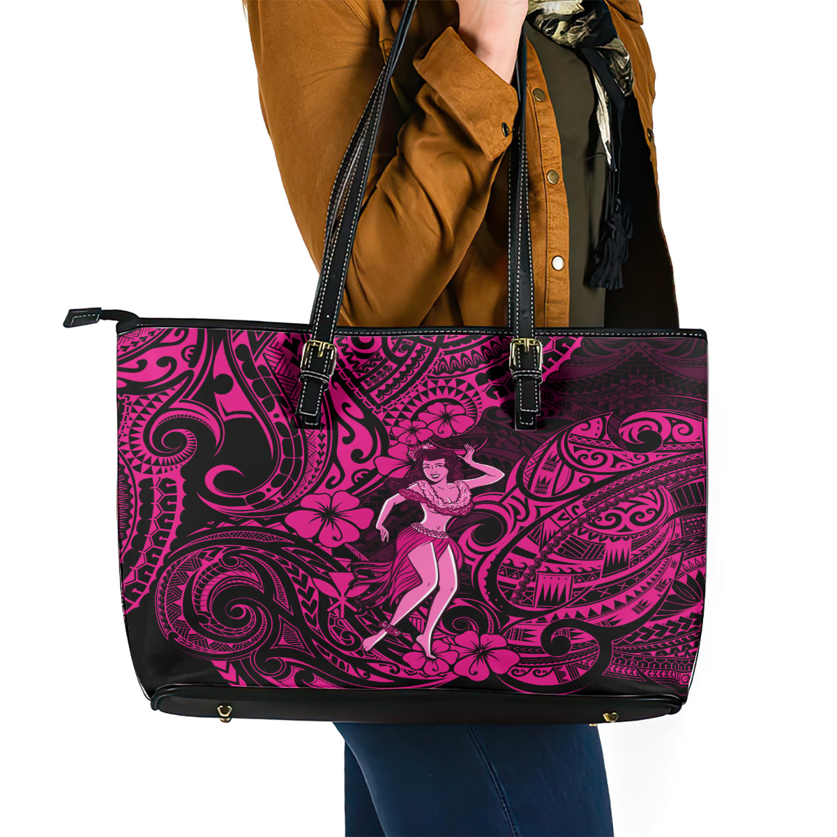 Hawaii Hula Girl Leather Tote Bag Polynesian Pattern Pink Version - Wonder Print Shop