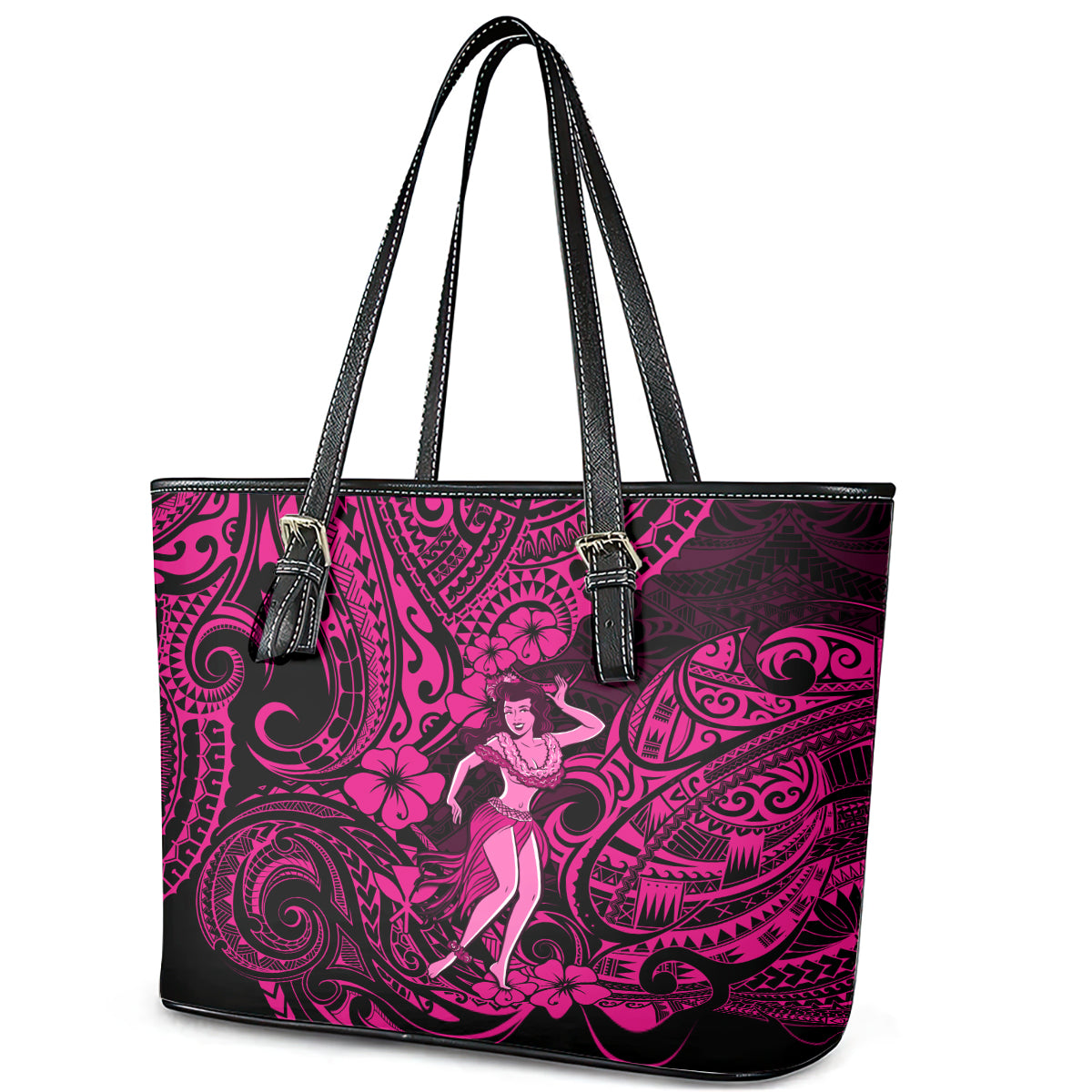 Hawaii Hula Girl Leather Tote Bag Polynesian Pattern Pink Version - Wonder Print Shop