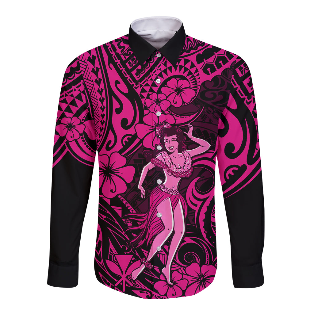 Hawaii Hula Girl Long Sleeve Button Shirt Polynesian Pattern Pink Version - Wonder Print Shop