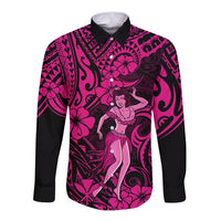 Hawaii Hula Girl Long Sleeve Button Shirt Polynesian Pattern Pink Version - Wonder Print Shop