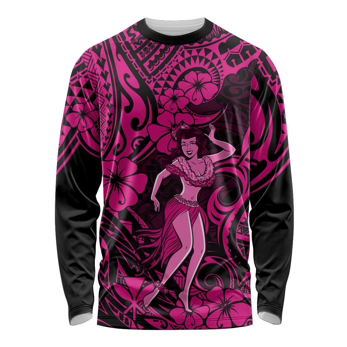 Hawaii Hula Girl Long Sleeve Shirt Polynesian Pattern Pink Version - Wonder Print Shop
