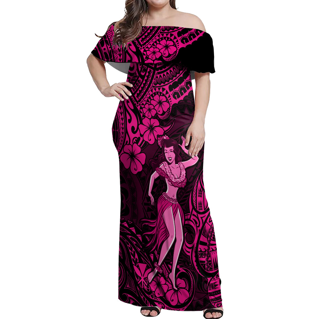 Hawaii Hula Girl Off Shoulder Maxi Dress Polynesian Pattern Pink Version - Wonder Print Shop