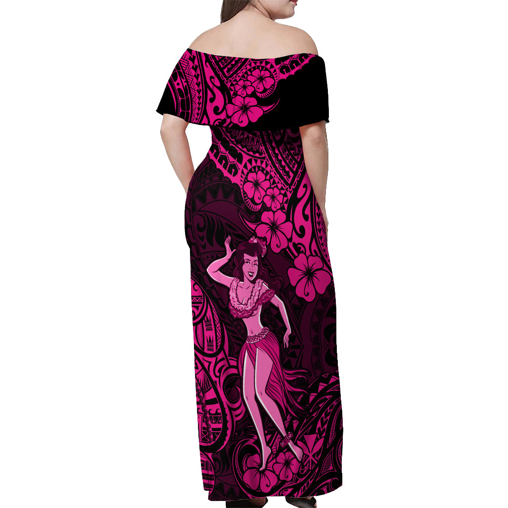 Hawaii Hula Girl Off Shoulder Maxi Dress Polynesian Pattern Pink Version - Wonder Print Shop