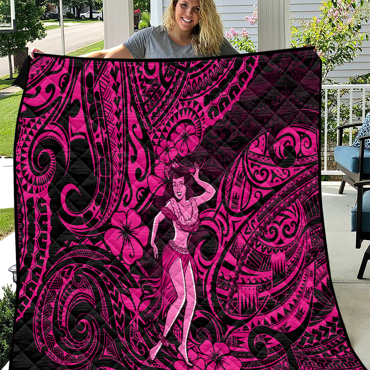 Hawaii Hula Girl Quilt Polynesian Pattern Pink Version - Wonder Print Shop