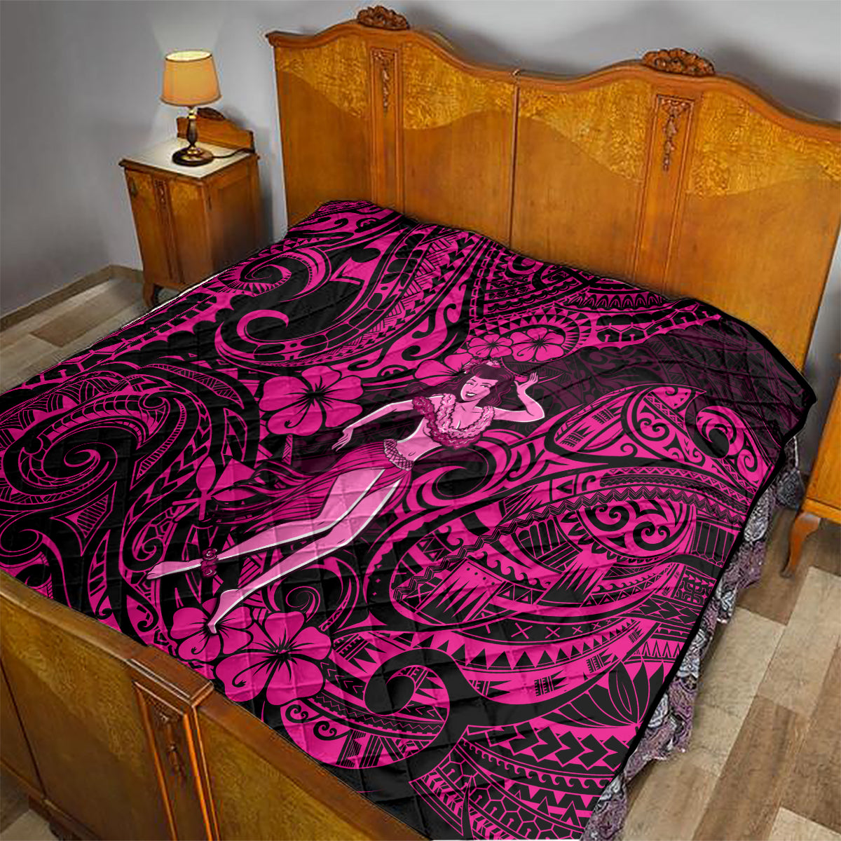 Hawaii Hula Girl Quilt Polynesian Pattern Pink Version - Wonder Print Shop