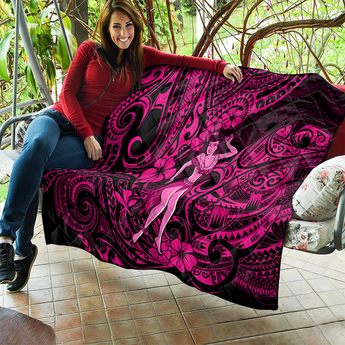 Hawaii Hula Girl Quilt Polynesian Pattern Pink Version - Wonder Print Shop