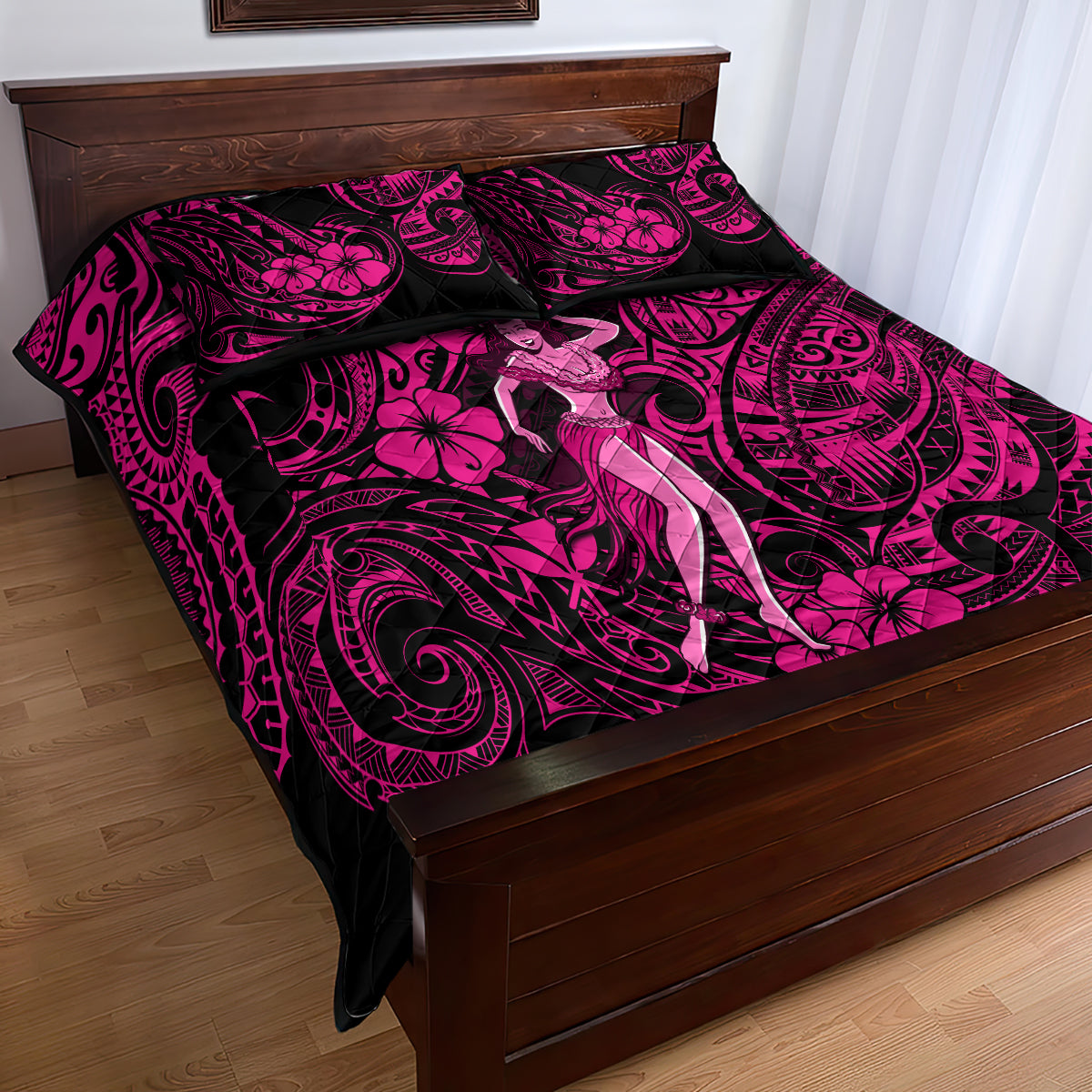 Hawaii Hula Girl Quilt Bed Set Polynesian Pattern Pink Version - Wonder Print Shop