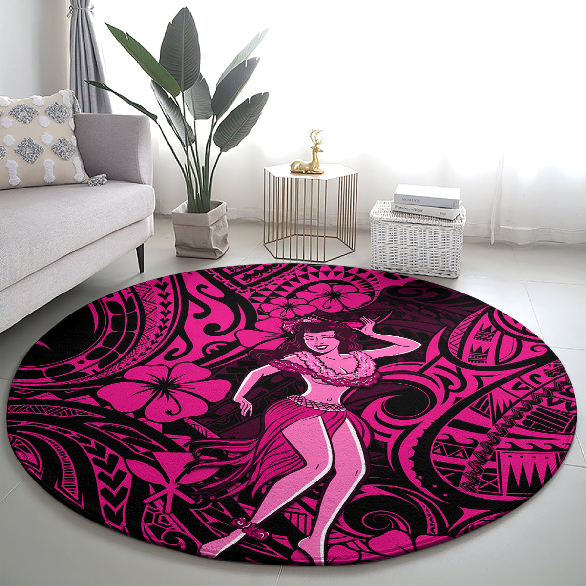 hawaii-hula-girl-round-carpet-polynesian-pattern-pink-version