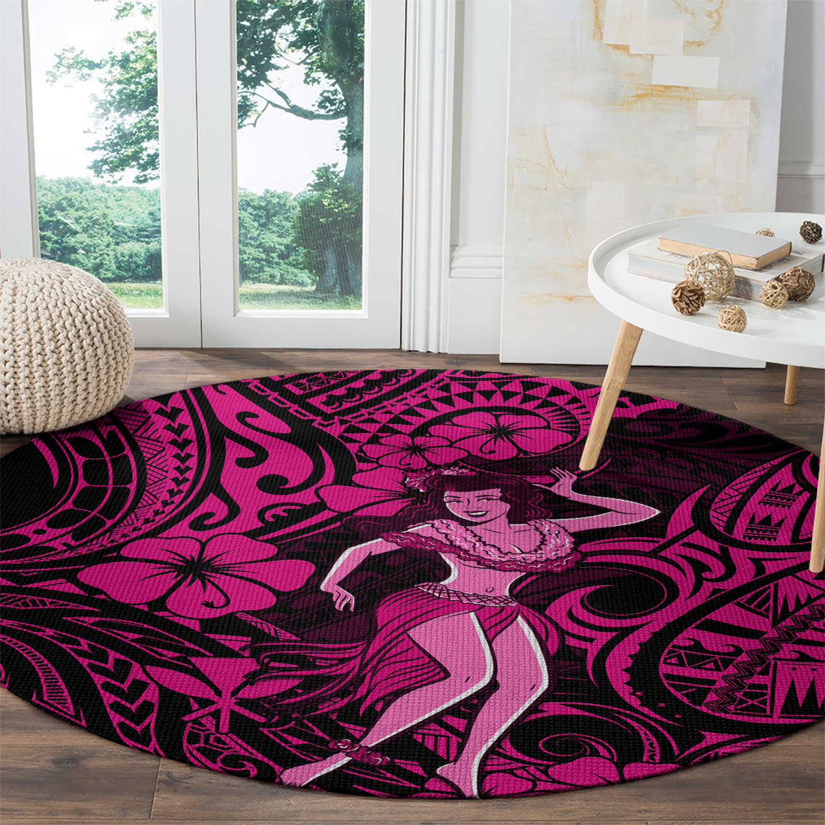 hawaii-hula-girl-round-carpet-polynesian-pattern-pink-version