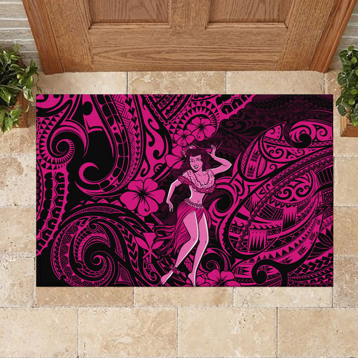 Hawaii Hula Girl Rubber Doormat Polynesian Pattern Pink Version - Wonder Print Shop