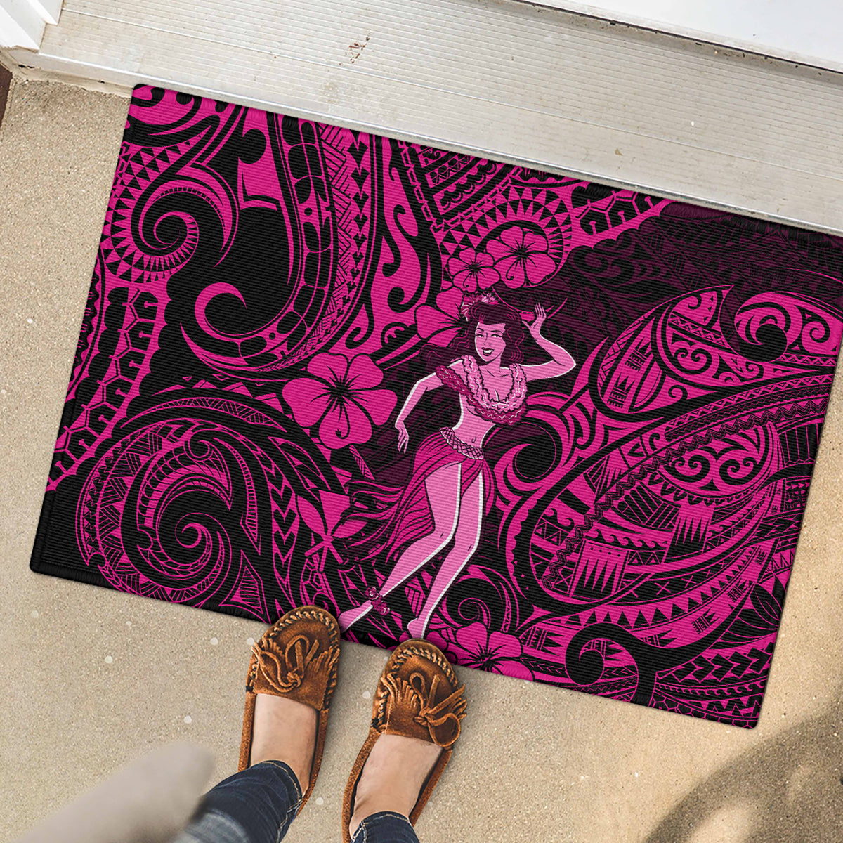 Hawaii Hula Girl Rubber Doormat Polynesian Pattern Pink Version - Wonder Print Shop