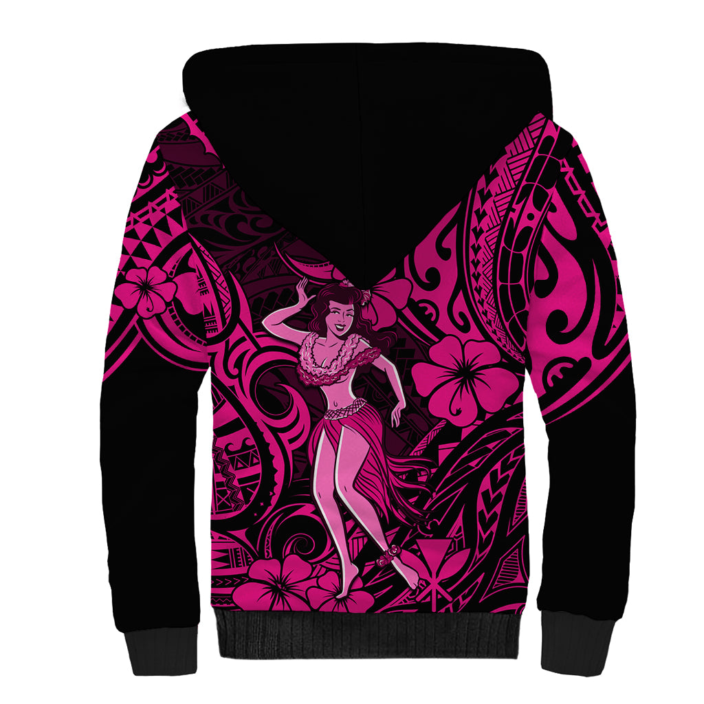 Hawaii Hula Girl Sherpa Hoodie Polynesian Pattern Pink Version - Wonder Print Shop