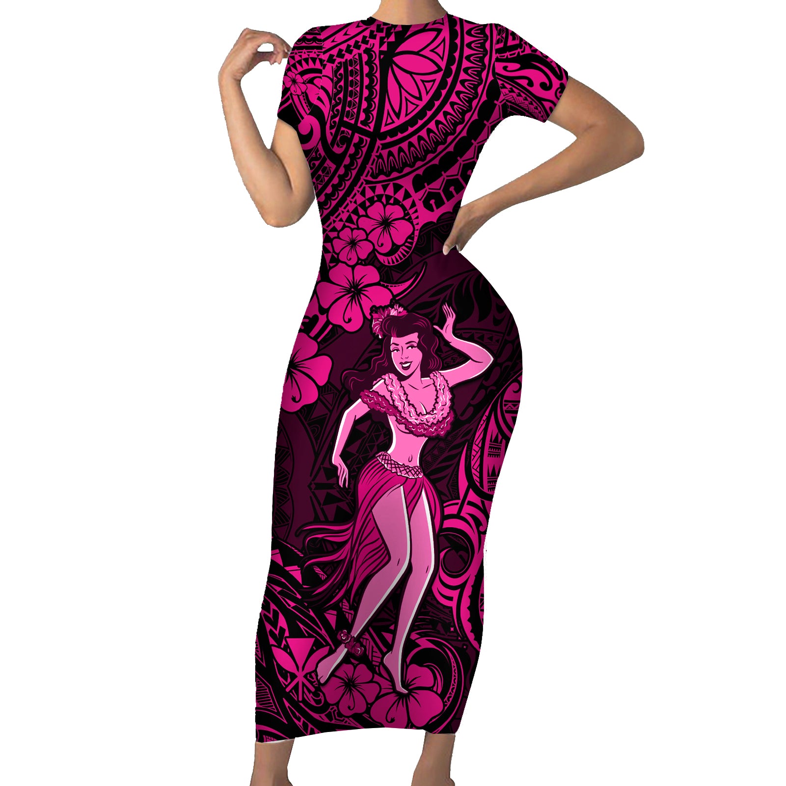 Hawaii Hula Girl Short Sleeve Bodycon Dress Polynesian Pattern Pink Version - Wonder Print Shop