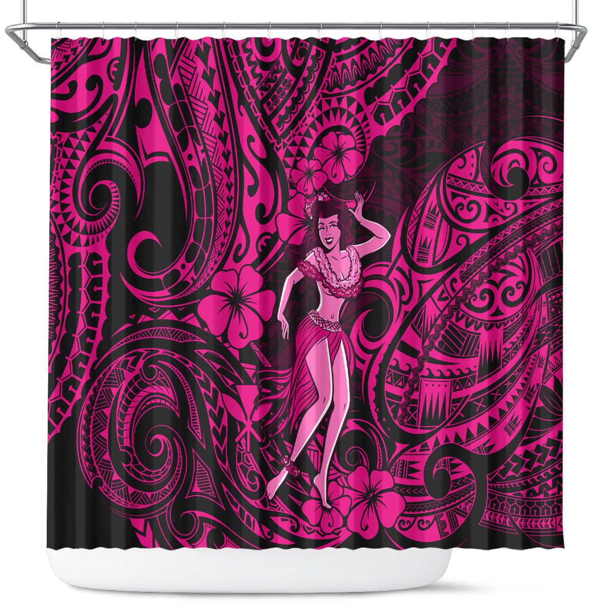 hawaii-hula-girl-shower-curtain-polynesian-pattern-pink-version