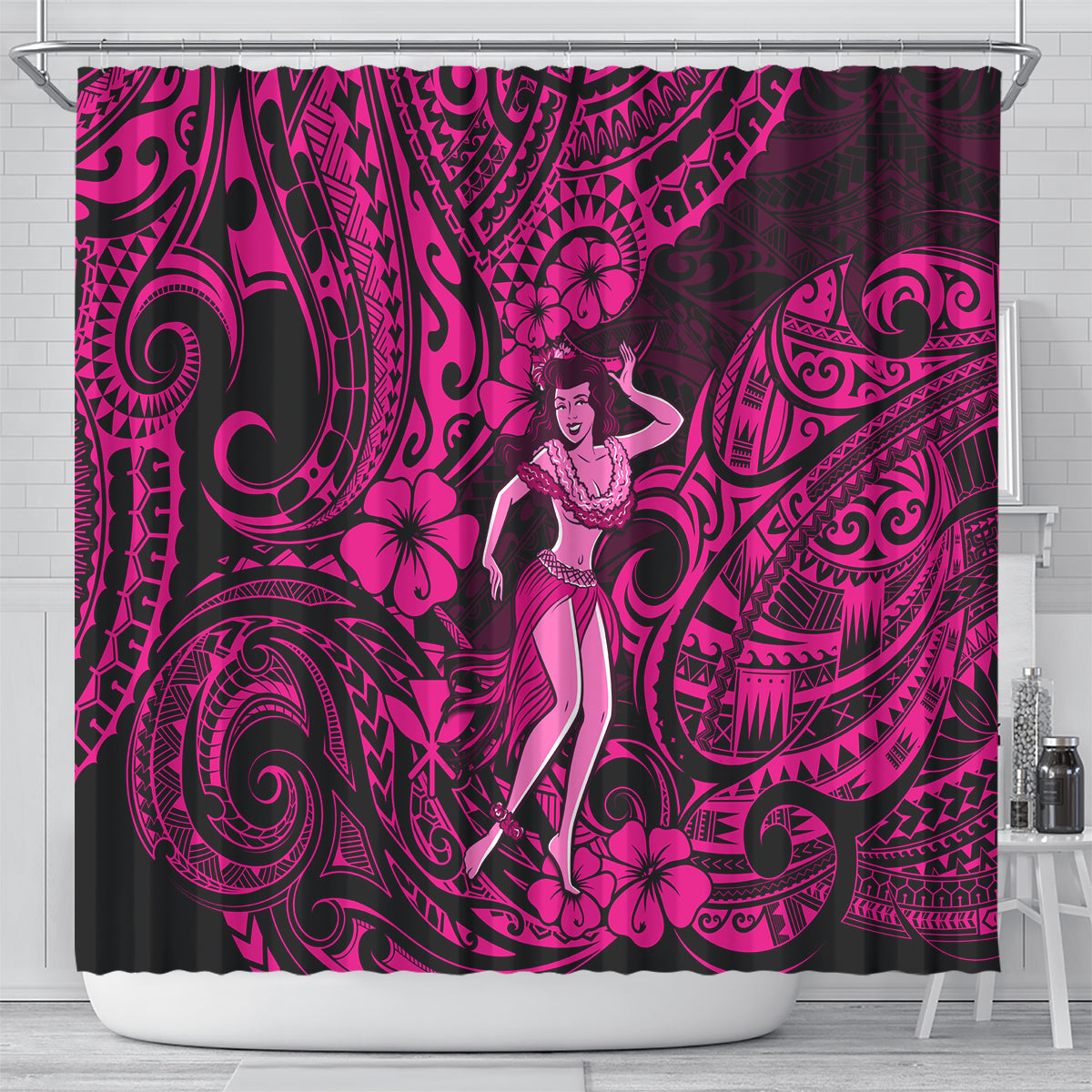 hawaii-hula-girl-shower-curtain-polynesian-pattern-pink-version
