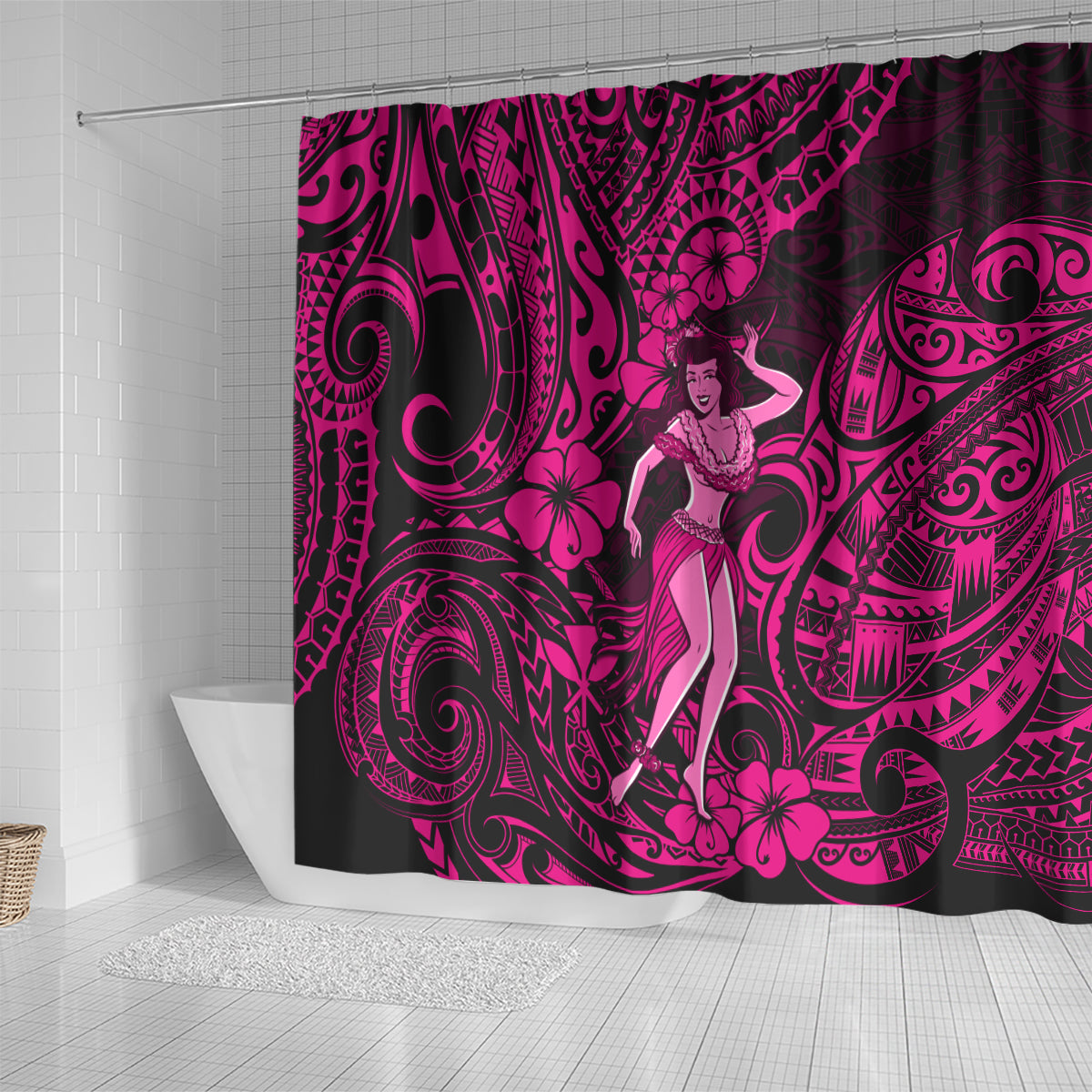 hawaii-hula-girl-shower-curtain-polynesian-pattern-pink-version