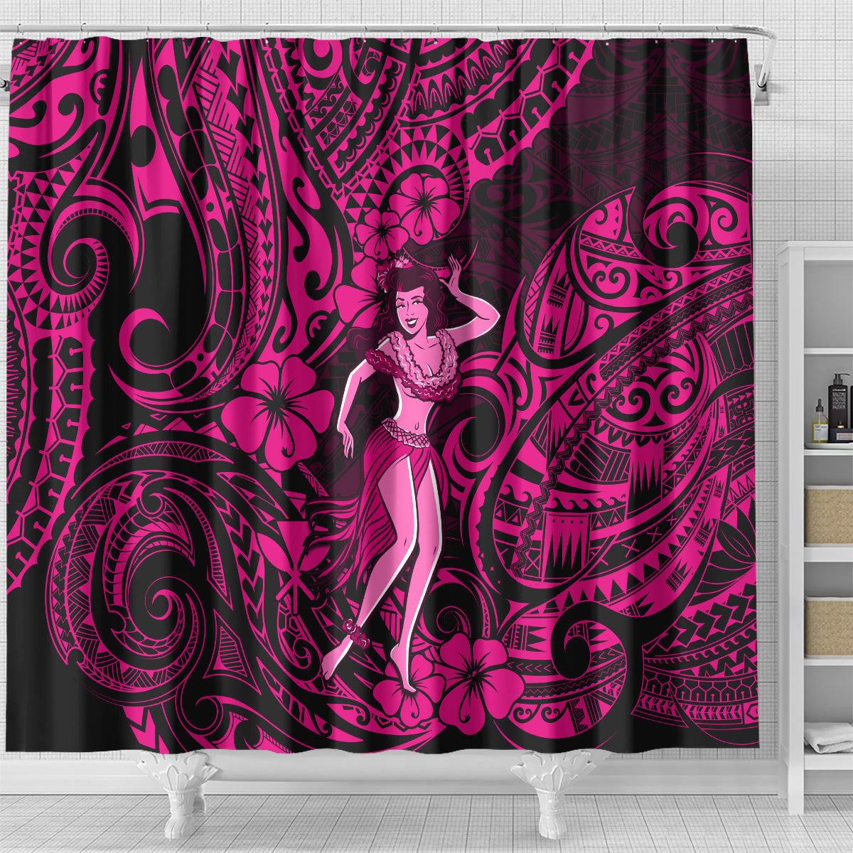hawaii-hula-girl-shower-curtain-polynesian-pattern-pink-version