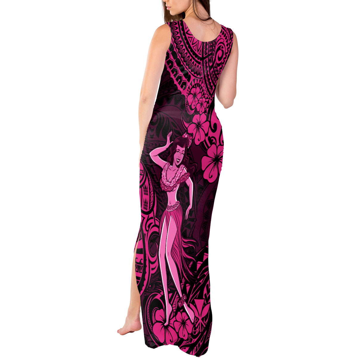 Hawaii Hula Girl Tank Maxi Dress Polynesian Pattern Pink Version - Wonder Print Shop