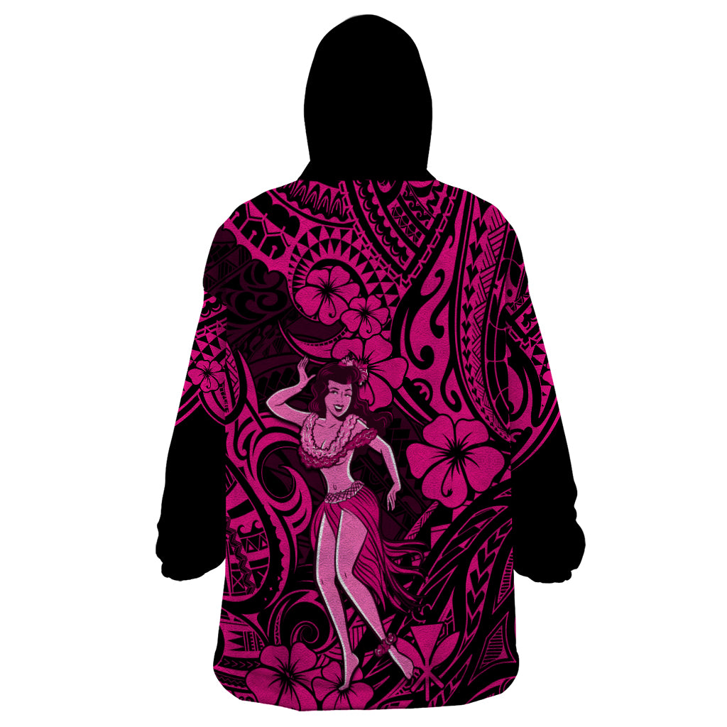 Hawaii Hula Girl Wearable Blanket Hoodie Polynesian Pattern Pink Version - Wonder Print Shop