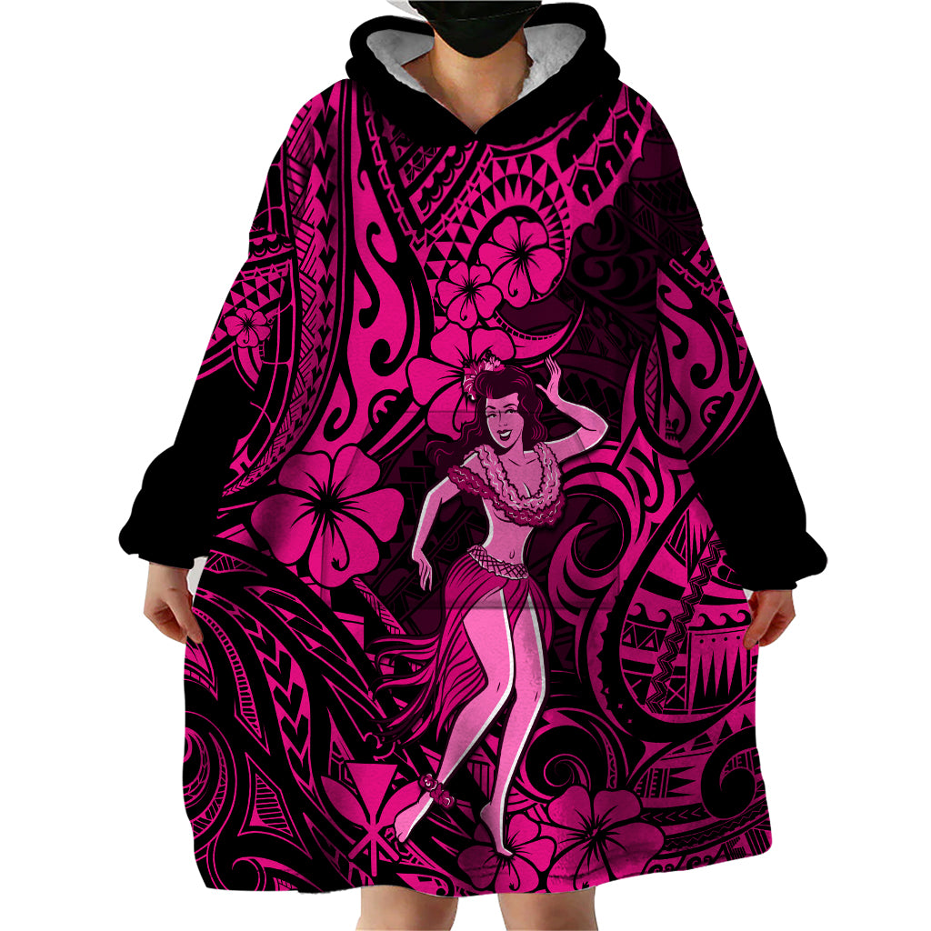 Hawaii Hula Girl Wearable Blanket Hoodie Polynesian Pattern Pink Version - Wonder Print Shop