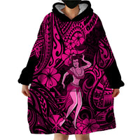 Hawaii Hula Girl Wearable Blanket Hoodie Polynesian Pattern Pink Version - Wonder Print Shop