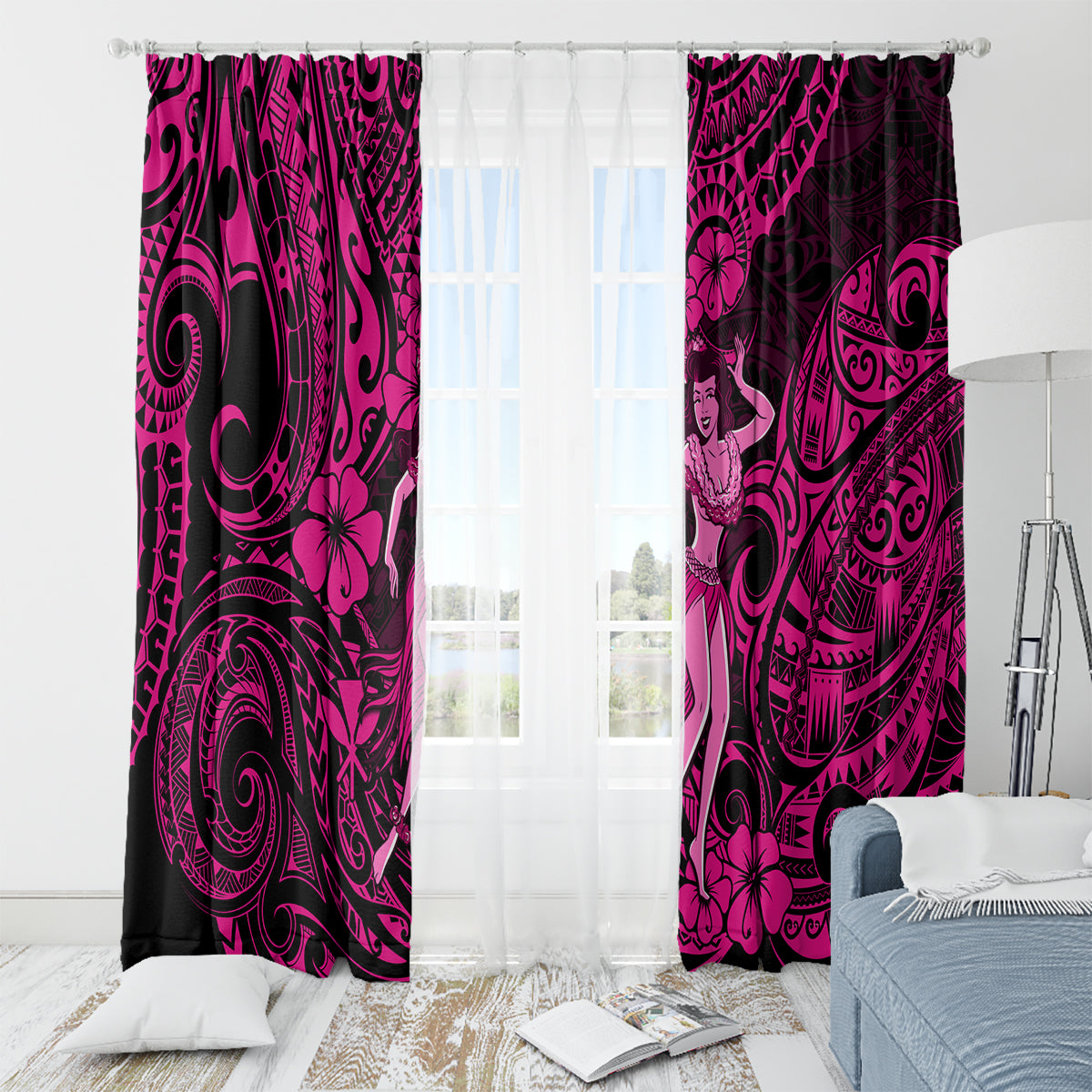Hawaii Hula Girl Window Curtain Polynesian Pattern Pink Version - Wonder Print Shop
