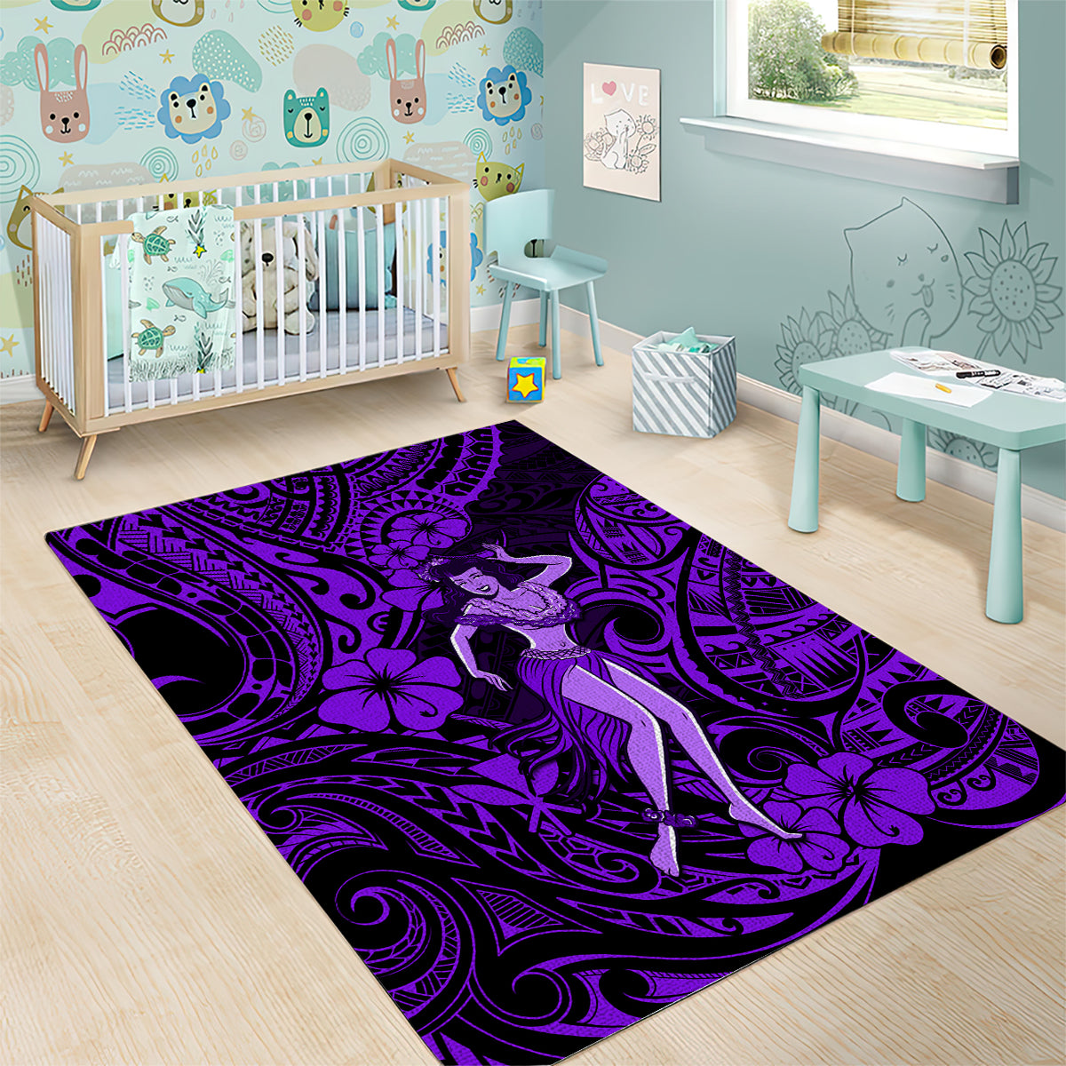 Hawaii Hula Girl Area Rug Hibiscus Hawaii Tribal Tattoo Purple Version - Wonder Print Shop