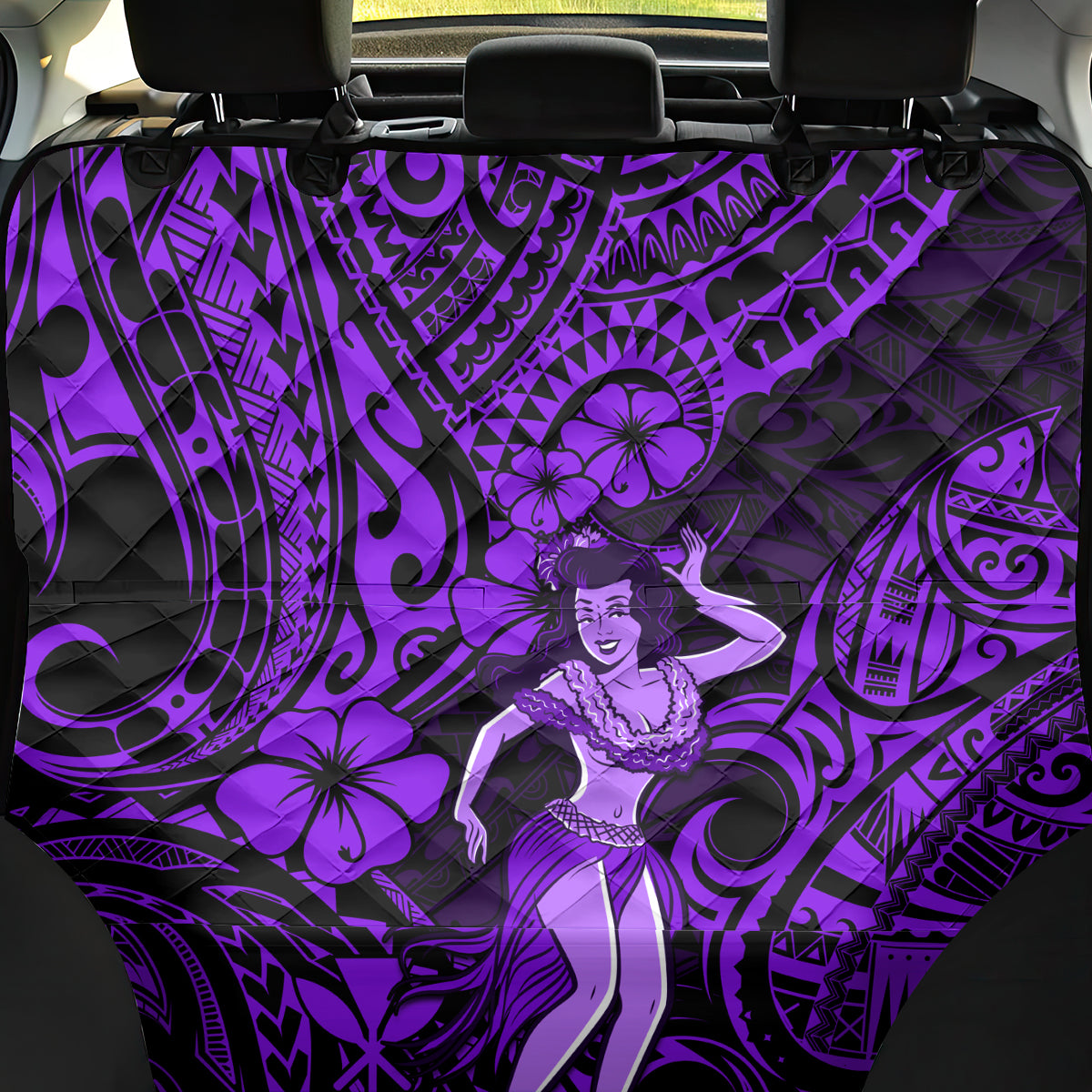 Hawaii Hula Girl Back Car Seat Cover Hibiscus Hawaii Tribal Tattoo Purple Version - Wonder Print Shop