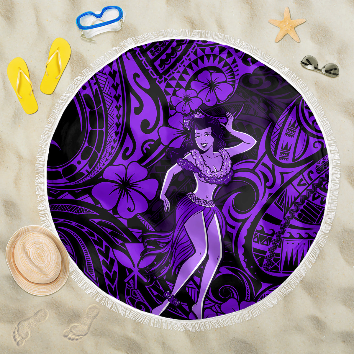 Hawaii Hula Girl Beach Blanket Hibiscus Hawaii Tribal Tattoo Purple Version - Wonder Print Shop
