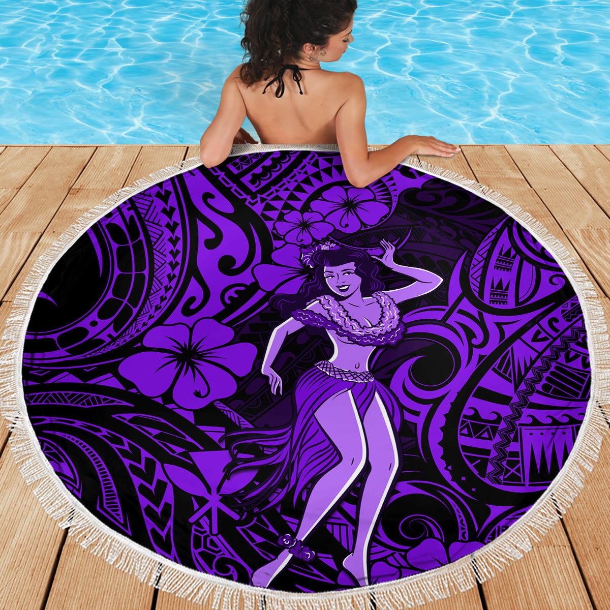 Hawaii Hula Girl Beach Blanket Hibiscus Hawaii Tribal Tattoo Purple Version - Wonder Print Shop