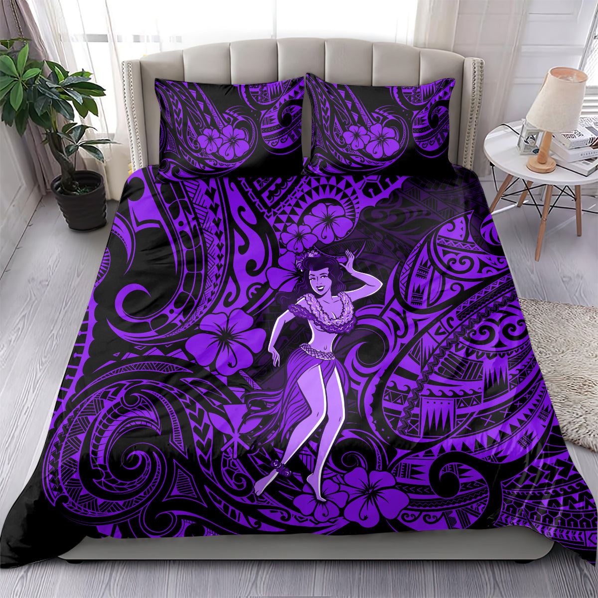 Hawaii Hula Girl Bedding Set Hibiscus Hawaii Tribal Tattoo Purple Version - Wonder Print Shop