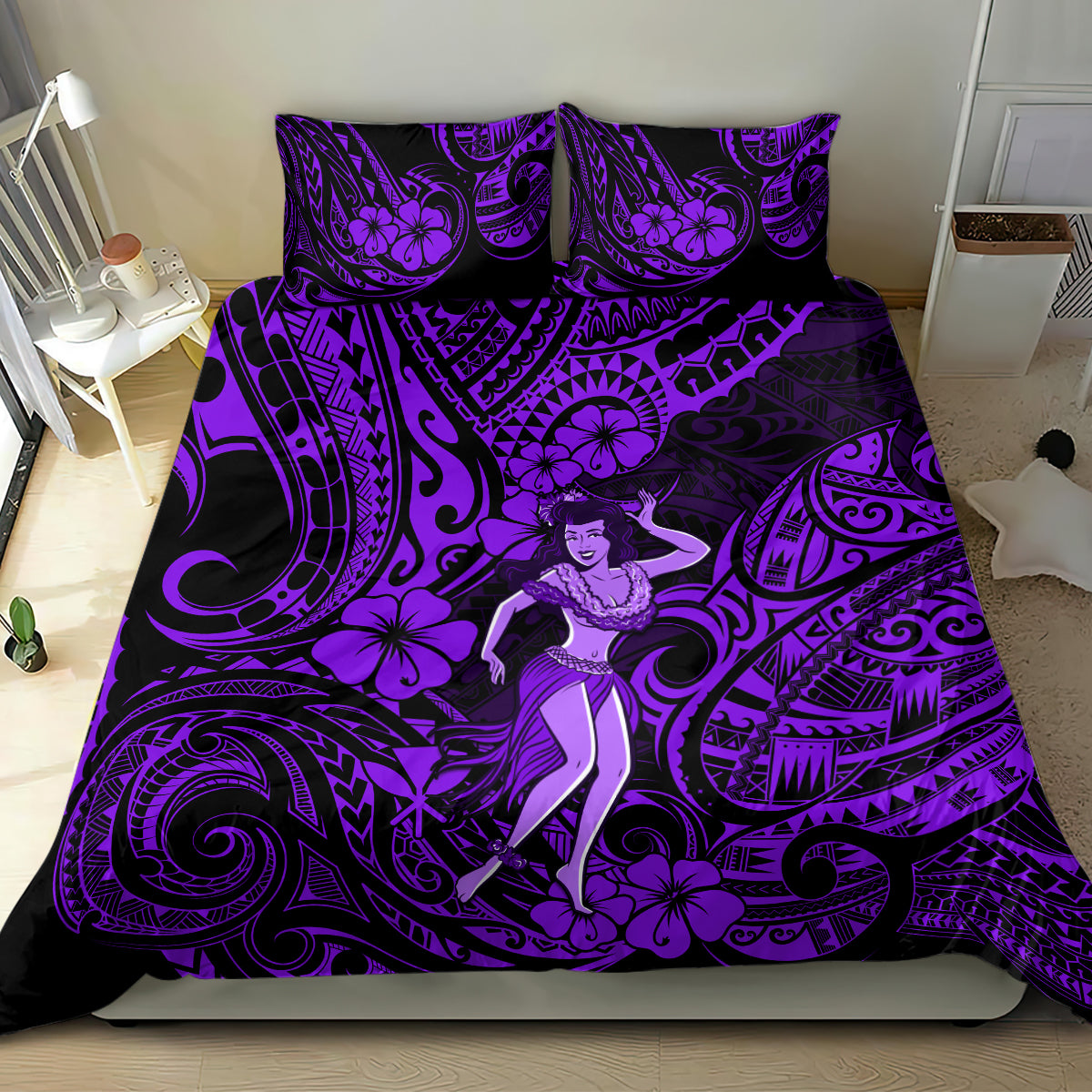 Hawaii Hula Girl Bedding Set Hibiscus Hawaii Tribal Tattoo Purple Version - Wonder Print Shop