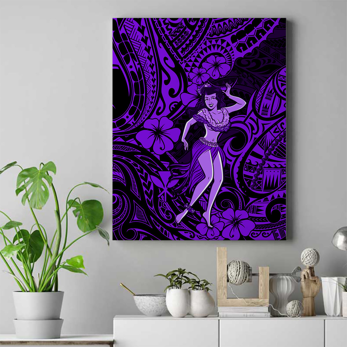Hawaii Hula Girl Canvas Wall Art Hibiscus Hawaii Tribal Tattoo Purple Version - Wonder Print Shop