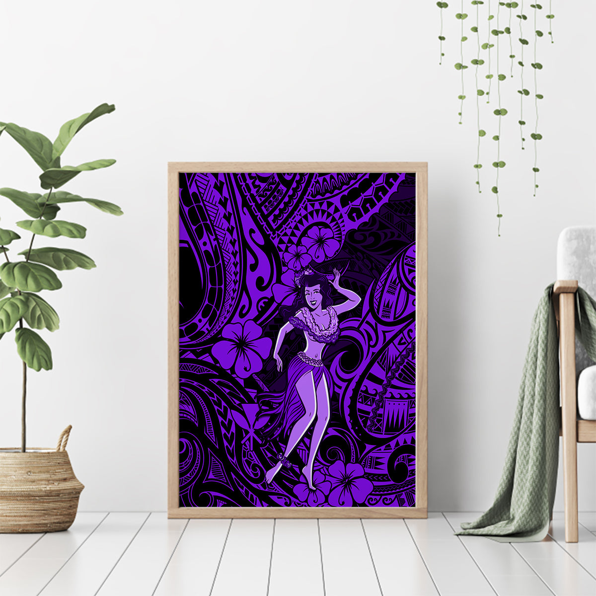 Hawaii Hula Girl Canvas Wall Art Hibiscus Hawaii Tribal Tattoo Purple Version - Wonder Print Shop