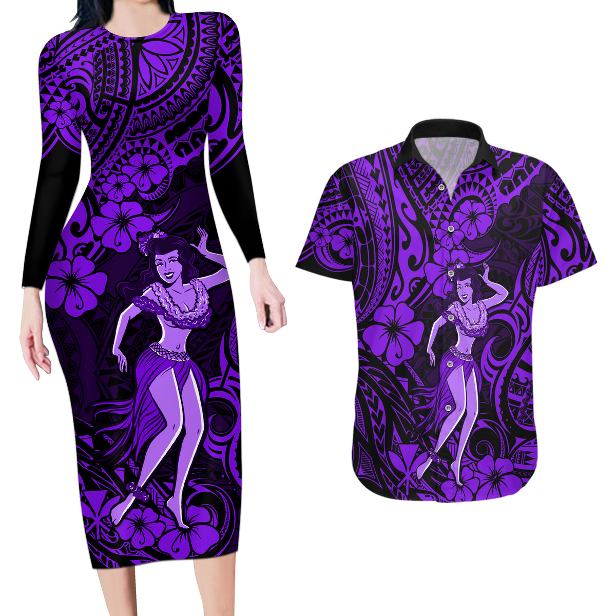 Hawaii Hula Girl Couples Matching Long Sleeve Bodycon Dress and Hawaiian Shirt Hibiscus Hawaii Tribal Tattoo Purple Version - Wonder Print Shop