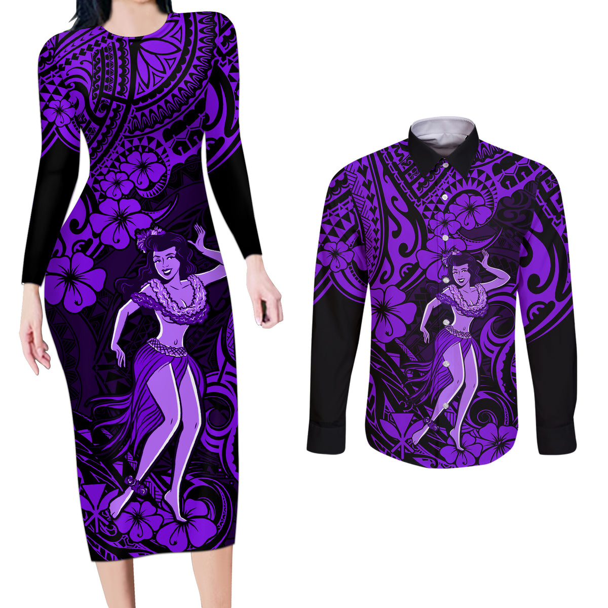 Hawaii Hula Girl Couples Matching Long Sleeve Bodycon Dress and Long Sleeve Button Shirts Hibiscus Hawaii Tribal Tattoo Purple Version - Wonder Print Shop