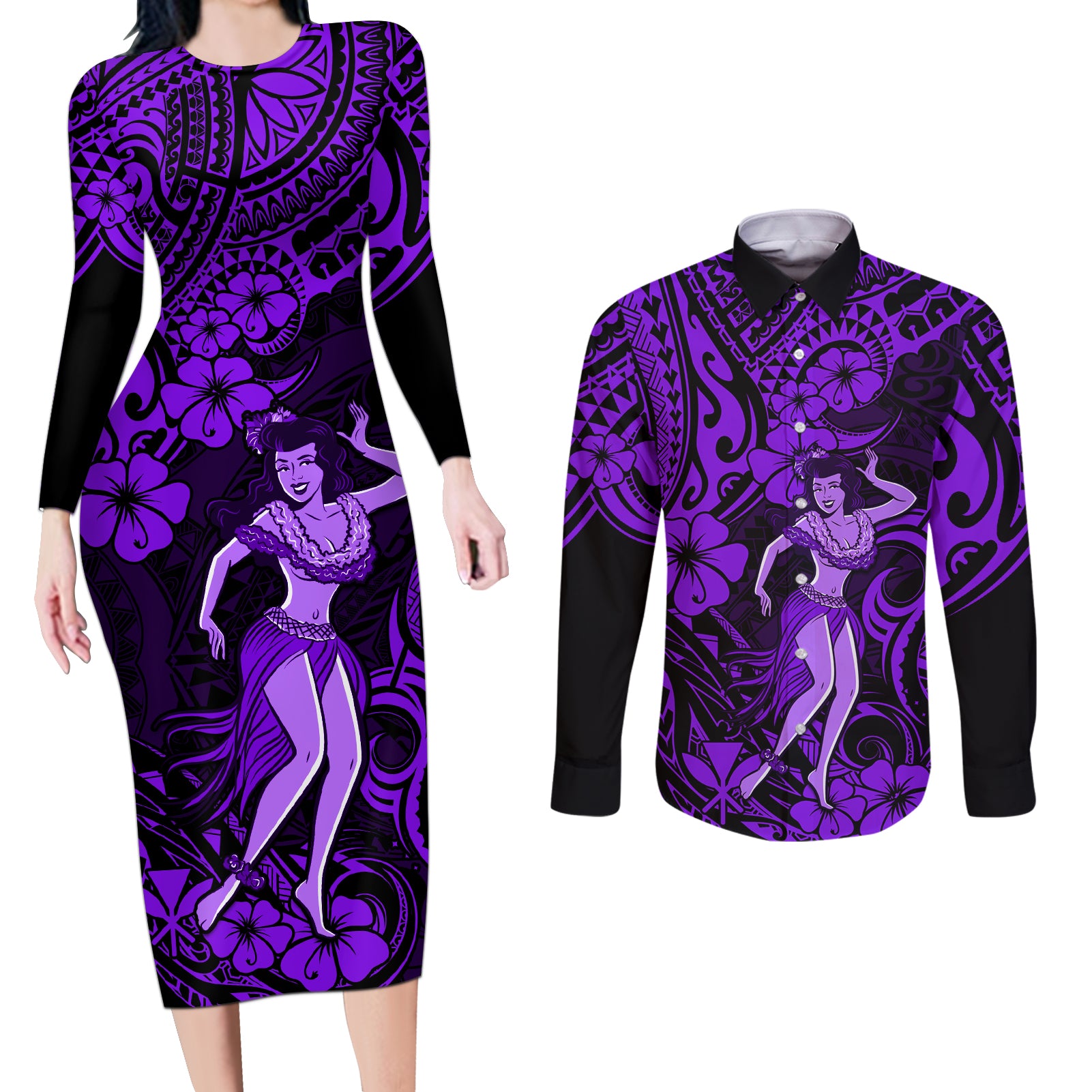 Hawaii Hula Girl Couples Matching Long Sleeve Bodycon Dress and Long Sleeve Button Shirts Hibiscus Hawaii Tribal Tattoo Purple Version - Wonder Print Shop